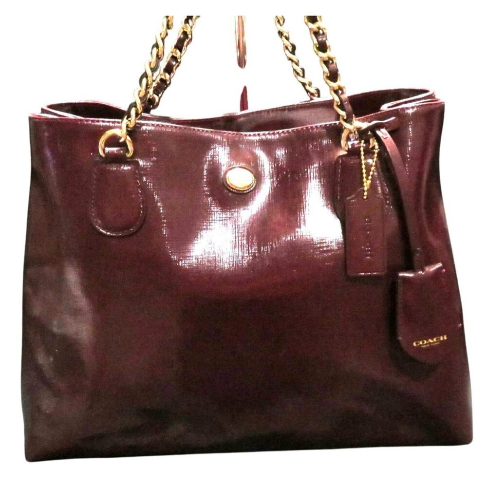 Coach 2014 Peyton Oxblood Saffiano Leather Chain Tote with expandable sides